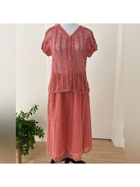 VINTAGE Handmade Two Piece Lined Skirt & Short Sleeve Sheer Top Dainty Crochet